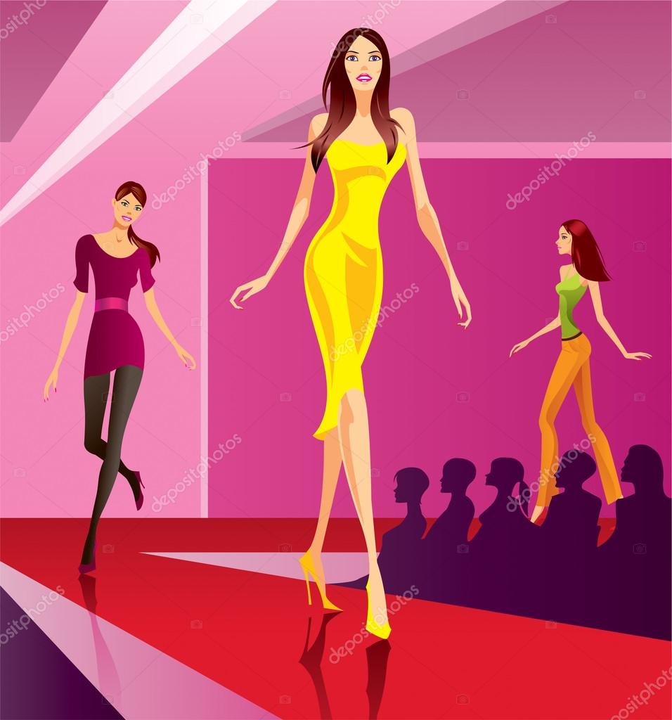 Woman in yellow dress walking down the runway during a fashion show