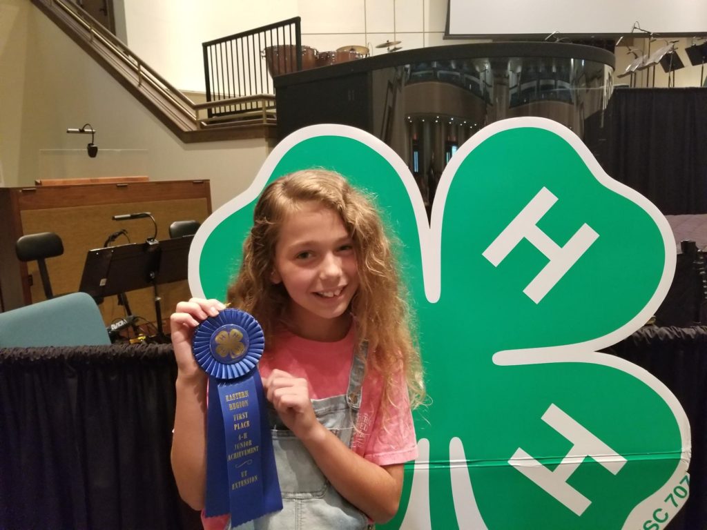 Young girl holding a blue ribbon for winning a contest